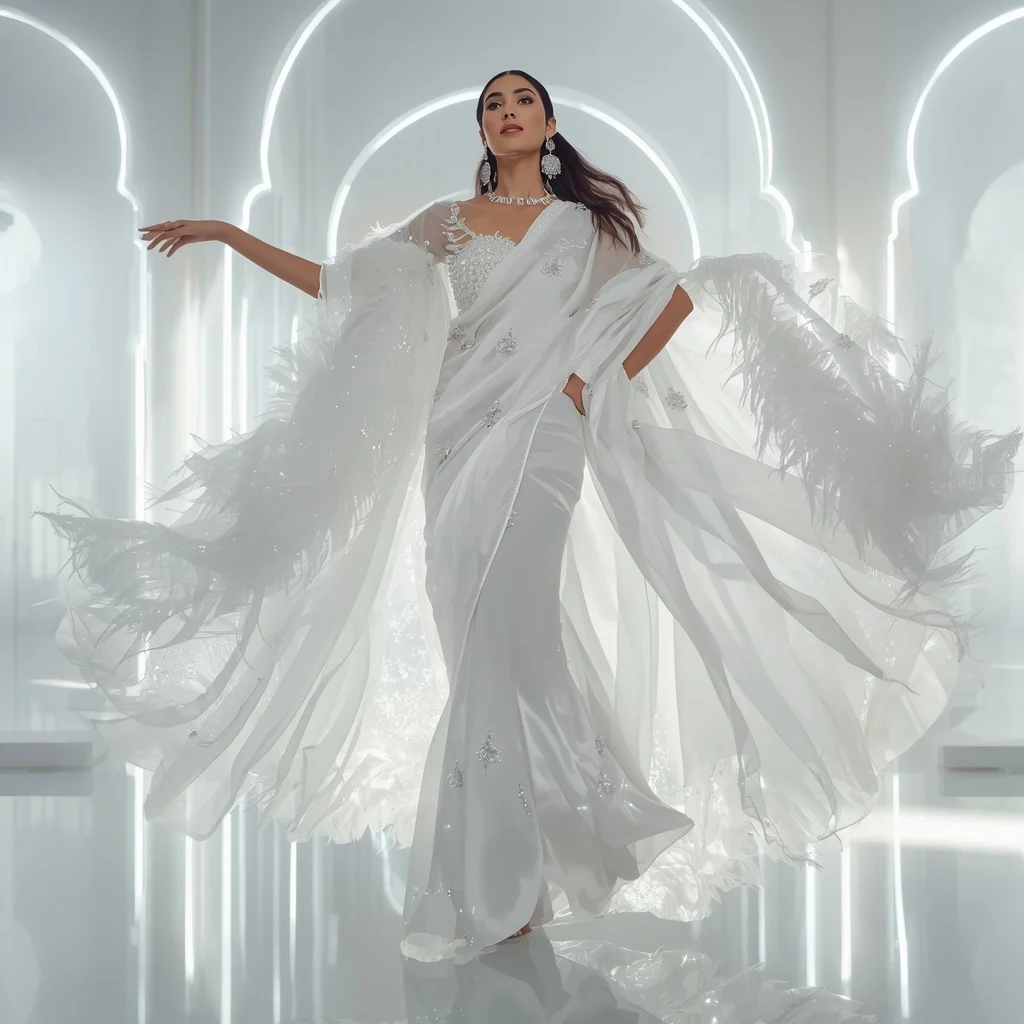 White Swan Ether Nova Drift Saree – Elegant Couture Saree with Graceful Hover Pose and Ether Nova Drift Palace Background | Instagram Girl Gemini Prompt