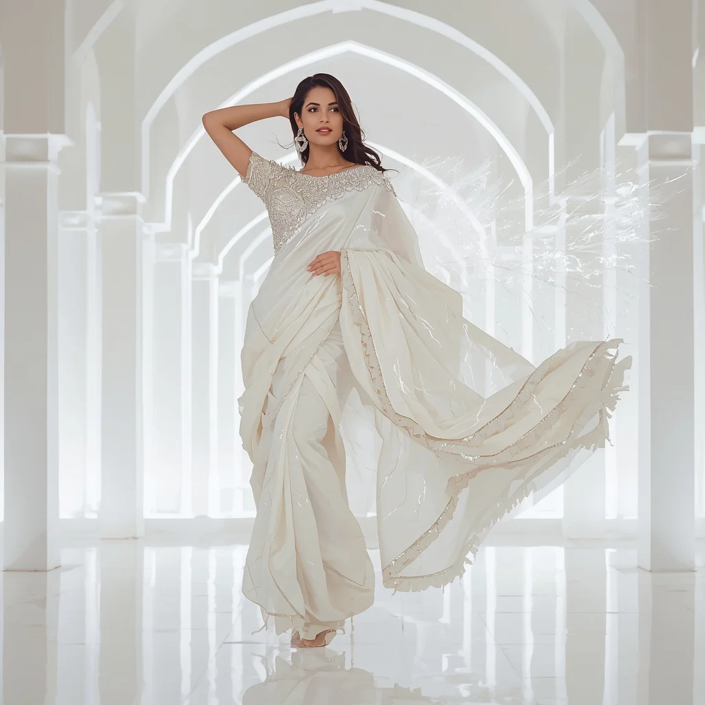 White Swan Ether Nova Saree – Elegant Couture Saree with Graceful Hover Pose and Ether Nova Palace Background | Prompt Seen Girl Photo Editing Chatgpt Aesthetic