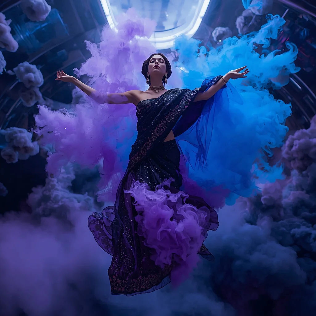 Zero-Gravity Ink Cloud Saree with Floating Void Atmosphere | Gemini Ai Photo