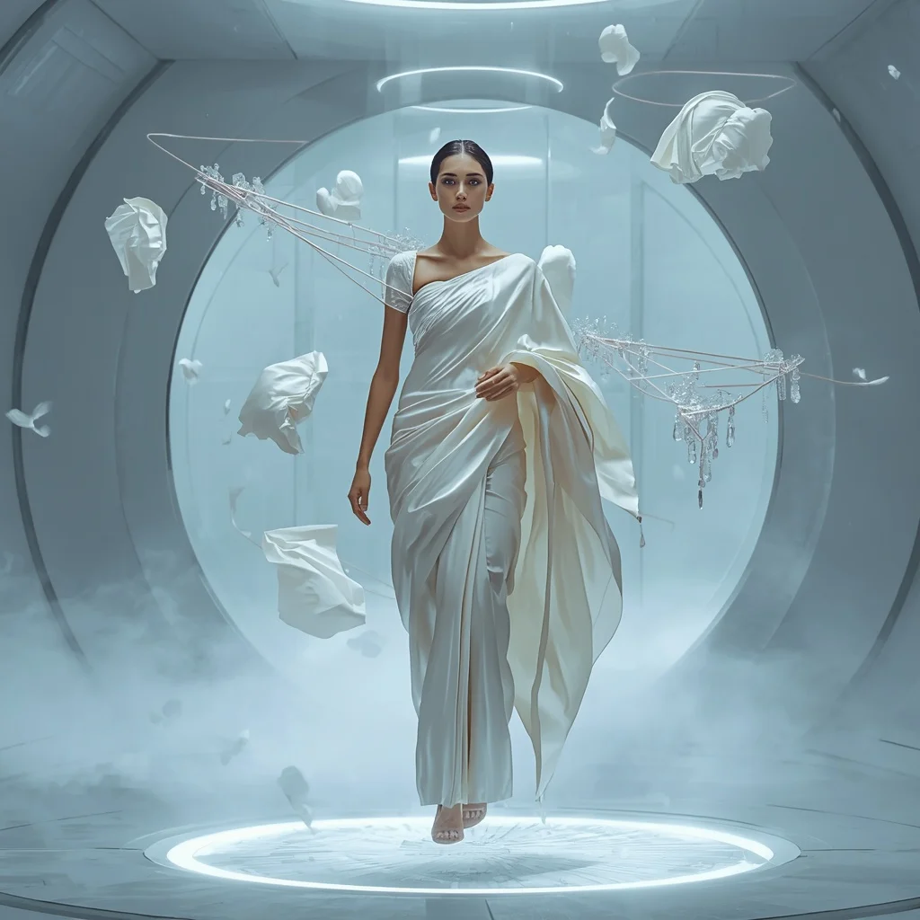 Zero-Gravity Silk Architecture Saree with Floating Fabric Islands | Aesthetic Ai Prompt